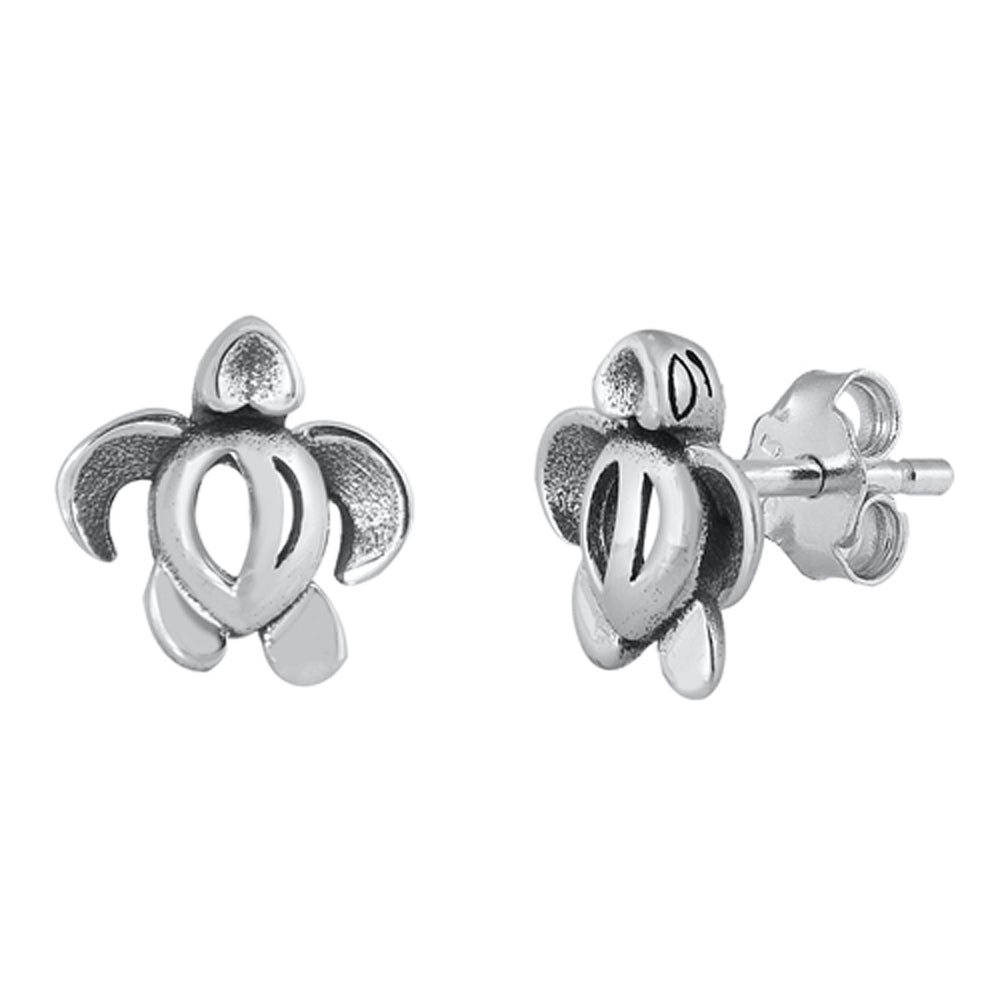 Sterling Silver Cute Turtle Open Shell Animal Beach Sea Earrings Oxidized 925