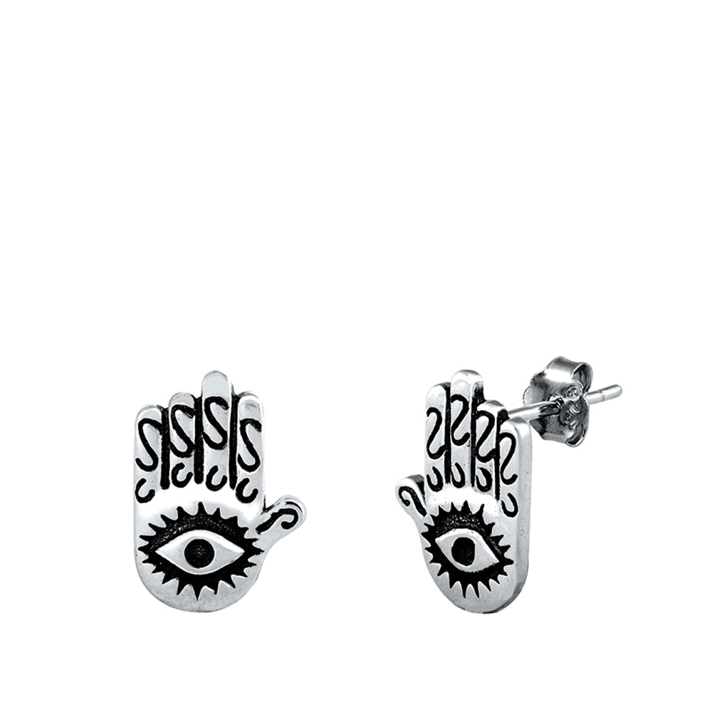 Sterling Silver Hamsa Hand of God Evil Eye Filigree Swirl Earrings Oxidized 925
