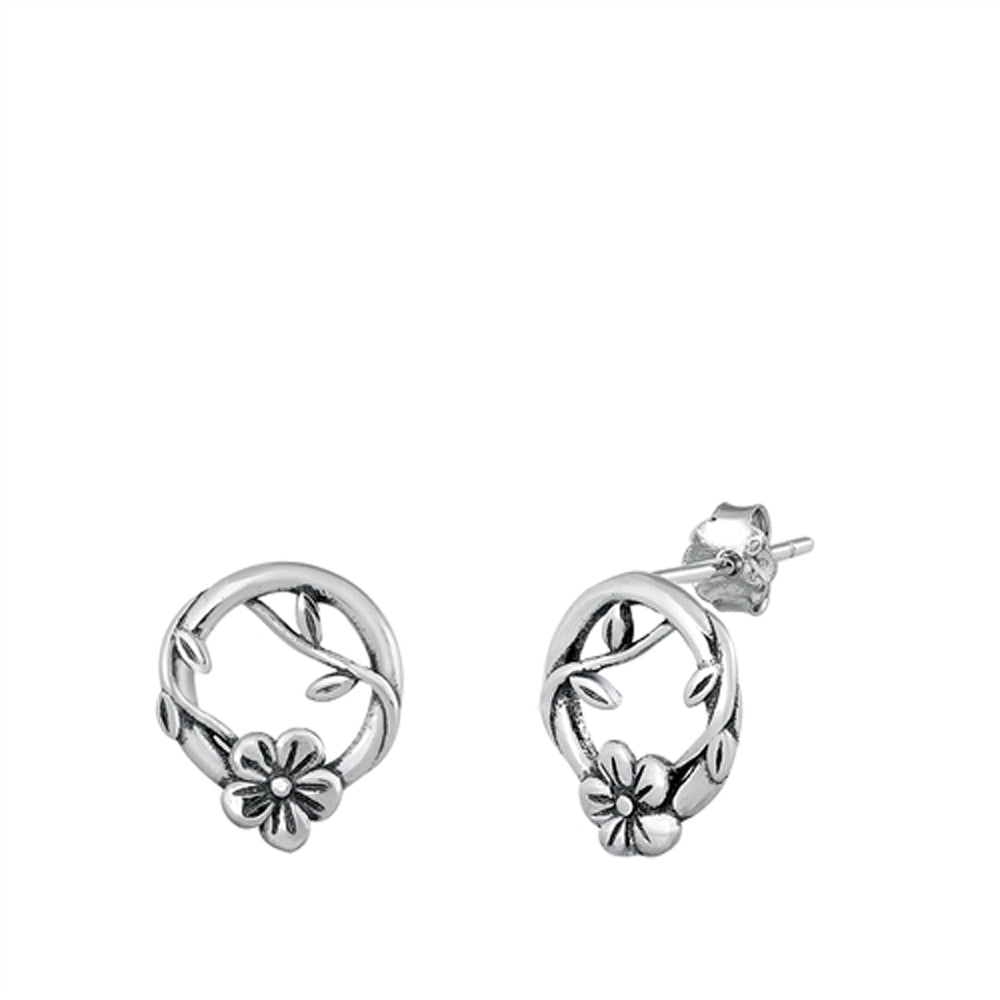 Sterling Silver Floral Hoop Leaf Weave Flower Elegant Earrings Oxidized 925 New