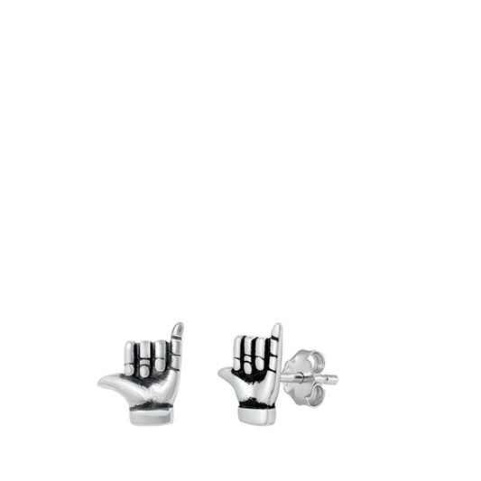 Sterling Silver Hawaiian Shaka Stud Earrings Oxidized Hands Hang Loose 925 New