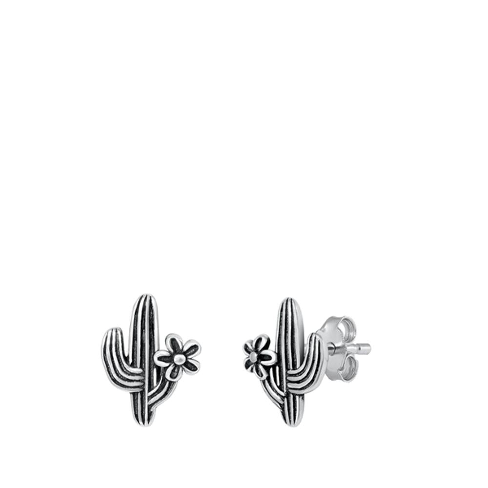Sterling Silver Saguaro Cactus Post Stud Earrings Oxidized Mini Flower 925 New