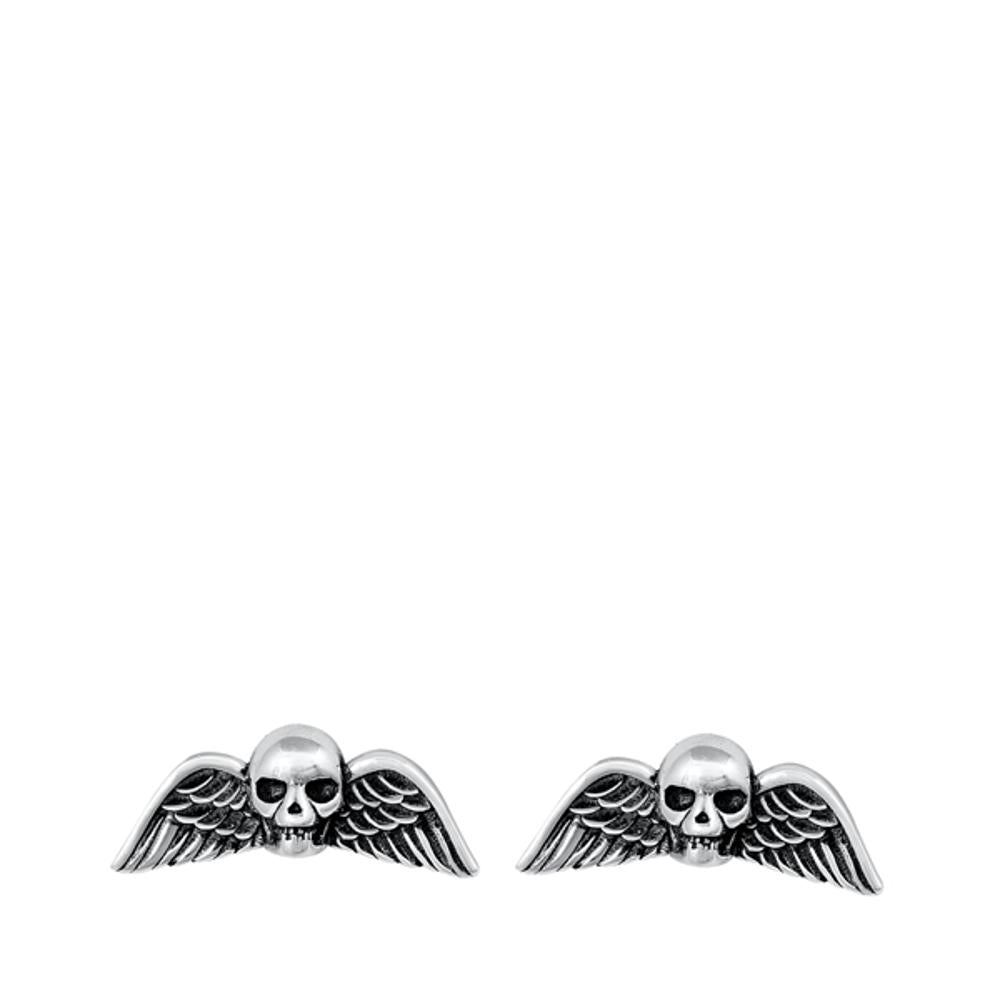 Sterling Silver Skull & Wings Biker Stud Earrings Oxidized Gothic Skull 925 New