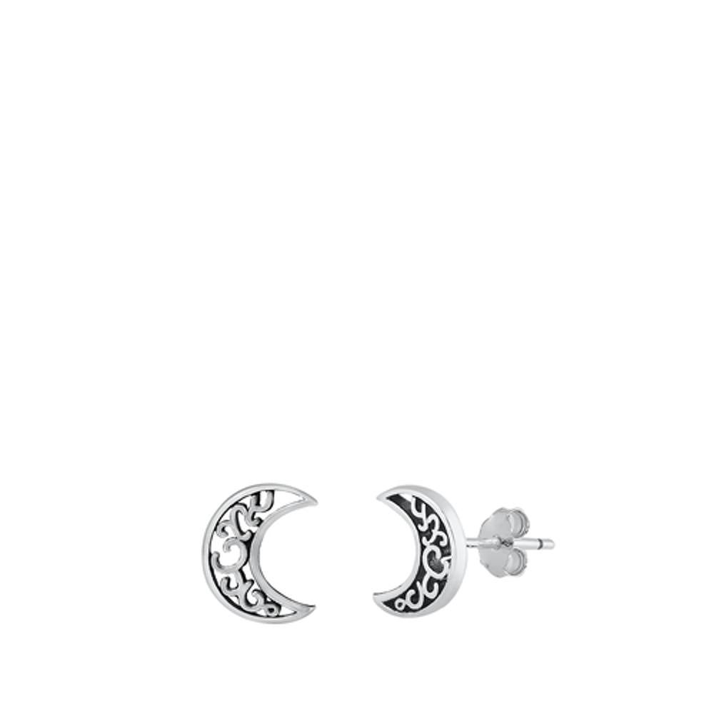 Sterling Silver Filigree Moon Stud Earrings Oxidized Half Moon Post 925 New