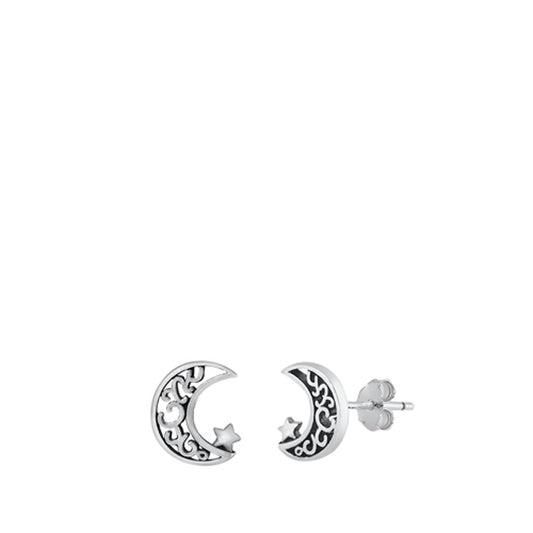 Sterling Silver Filigree Moon & Star Stud Earrings Oxidized Half Moon 925 New