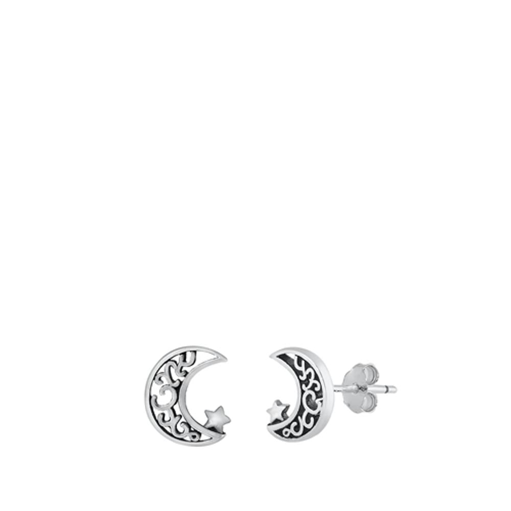 Sterling Silver Filigree Moon & Star Stud Earrings Oxidized Half Moon 925 New