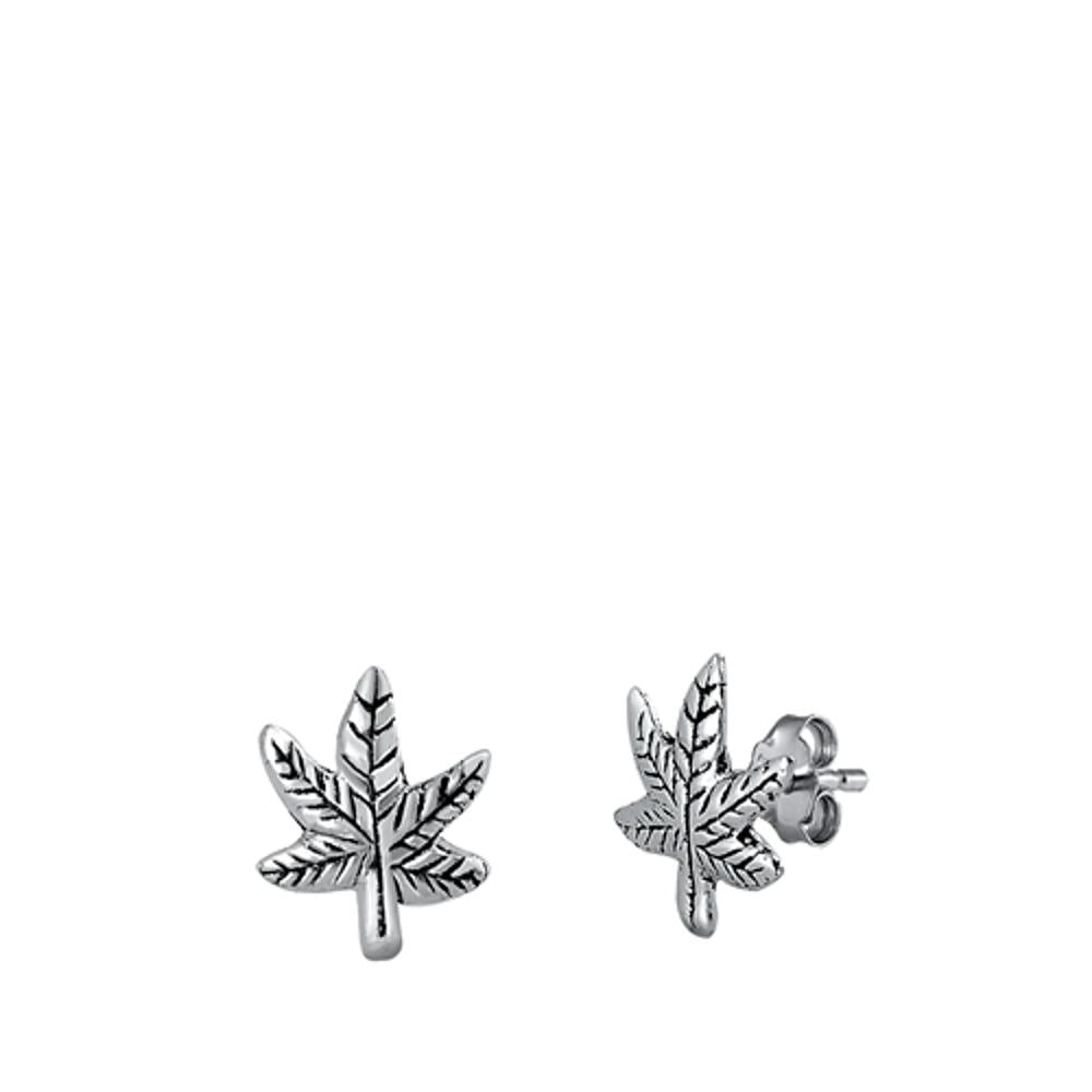 Sterling Silver Marijuana Leaves Stud Earrings Oxidized Small Weed Pot 925 New