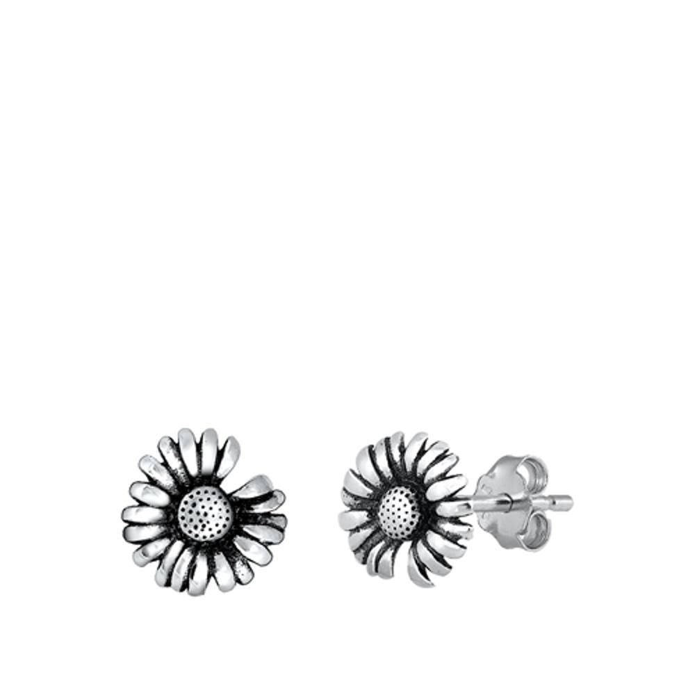 Sterling Silver Sunflower Stud Earrings Oxidized Flower Push Back 925 New