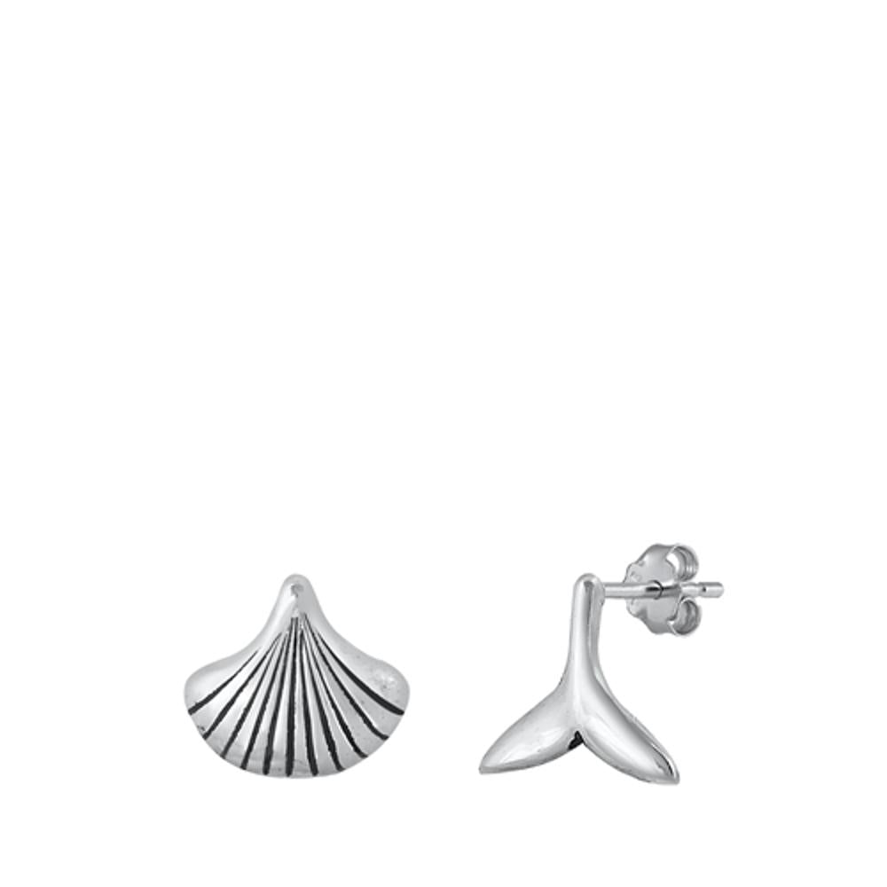 Trendy Oxidized Mismatched Set Seashells & Whale Tail Stud Earrings 925 New