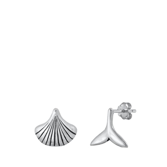 Trendy Oxidized Mismatched Set Seashells & Whale Tail Stud Earrings 925 New