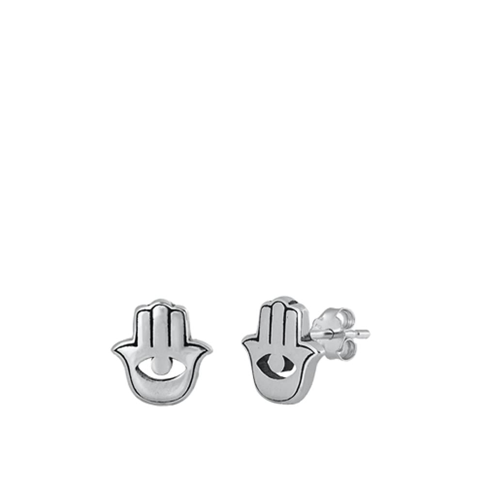 Stylish Small Hamsa Hand Sterling Silver Stud Earrings Oxidized Evil Eye 925 New
