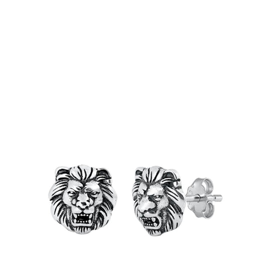 Roaring Lion Head Stud Earrings Oxidized High Polished Sterling Silver 925 New