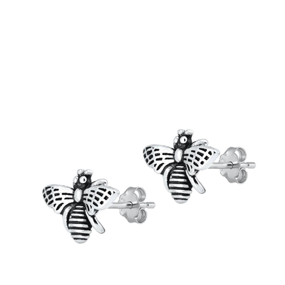 Sterling Silver Cute Oxidized Honey Bee Earrings High Polished Stud 925 New