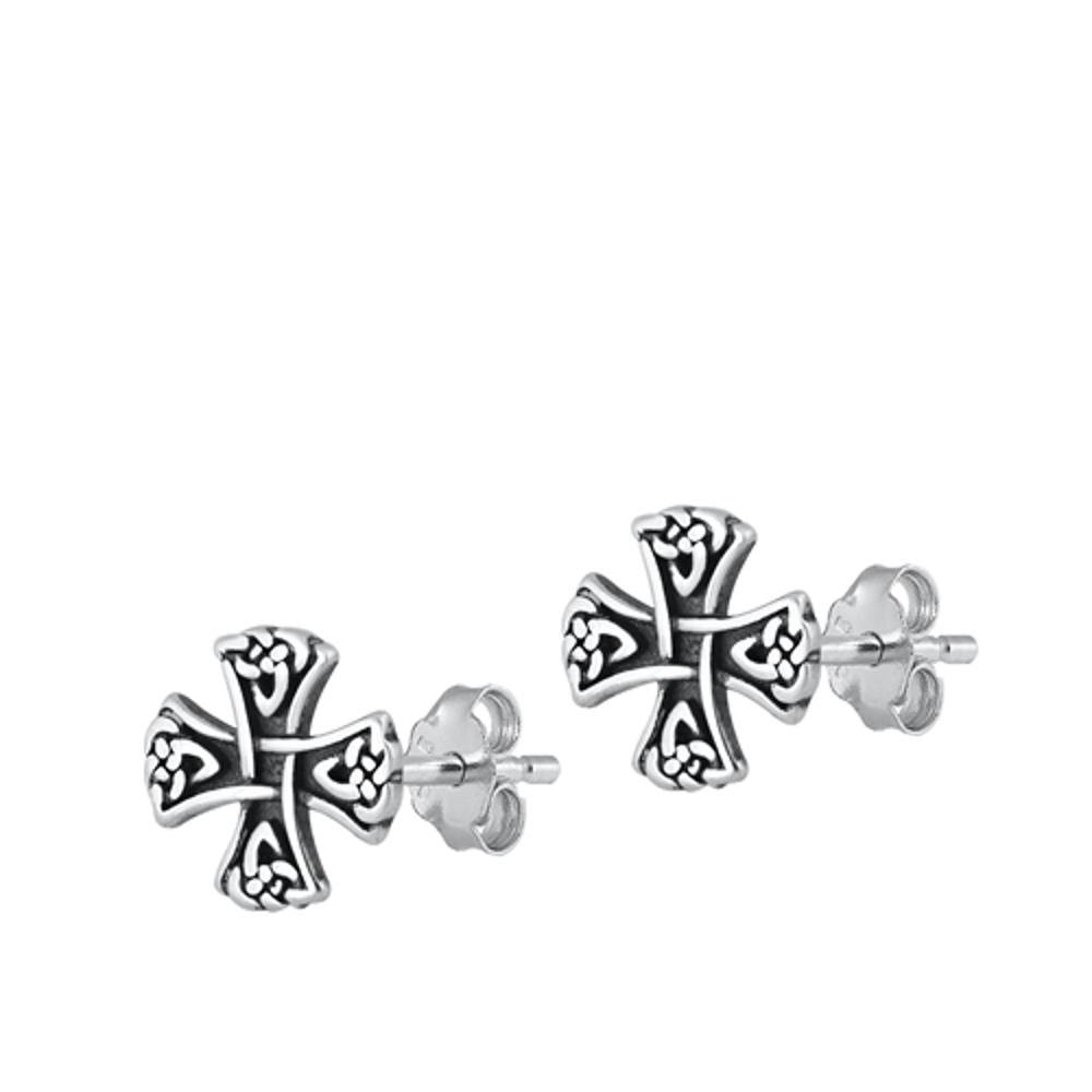 Sterling Silver Celtic Knot Cross Stud Oxidized Christian Earrings 925 New