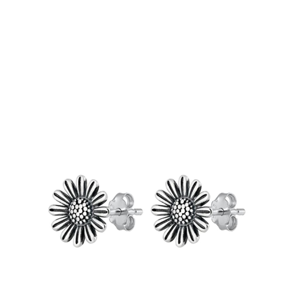 Sterling Silver Oxidized Cute Daisy Flower Stud Earrings 925 New