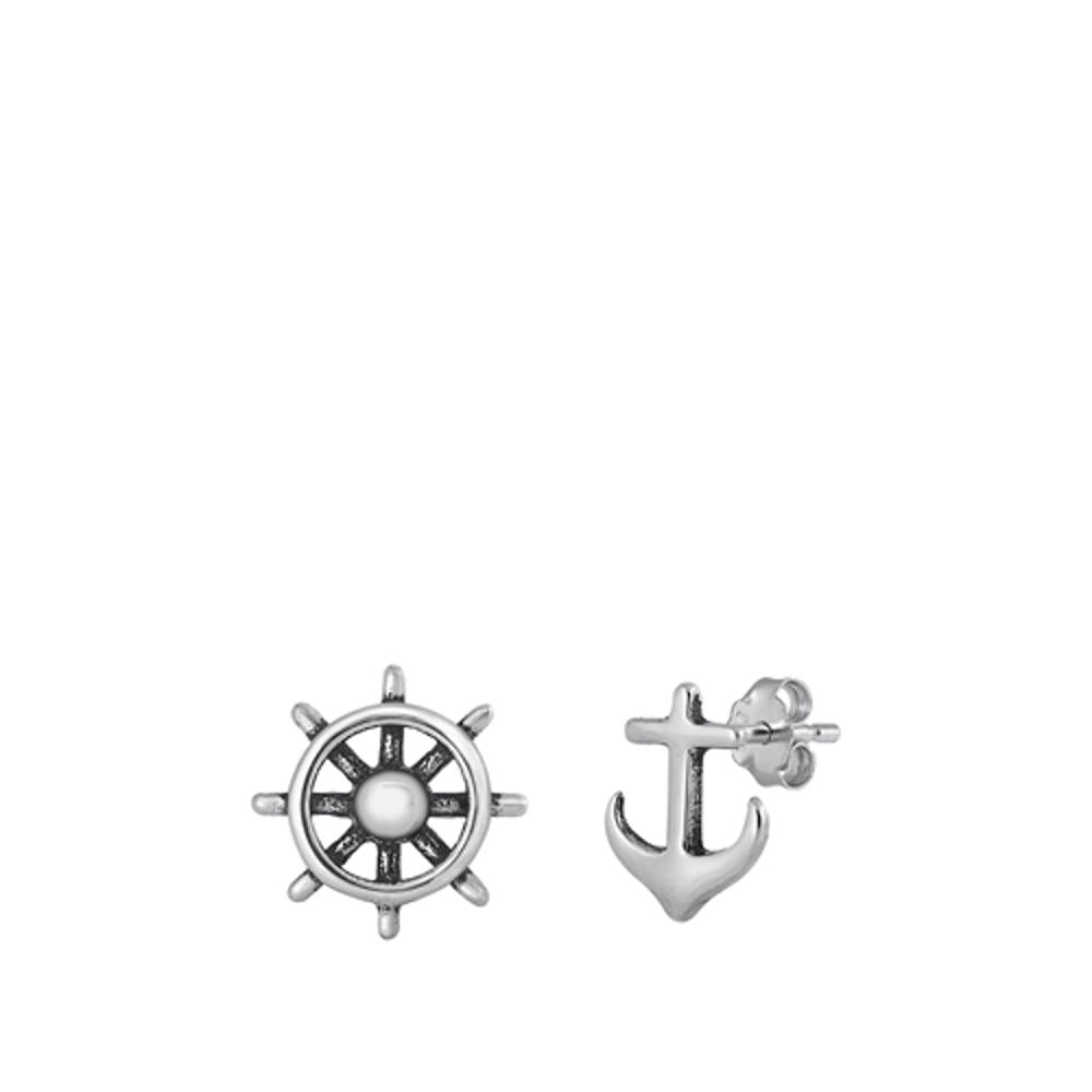 Cute Helm & Sea Anchor Stud Earrings Mismatched Wheel & Anchor set 925 New