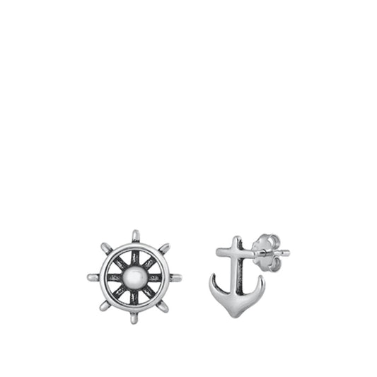 Cute Helm & Sea Anchor Stud Earrings Mismatched Wheel & Anchor set 925 New