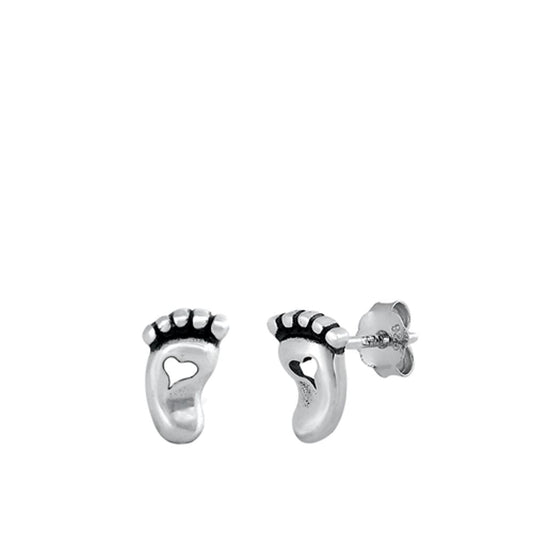 Sterling Silver Foot Print Oxidized Mini Heart Baby Feet Stud Earrings 925 New