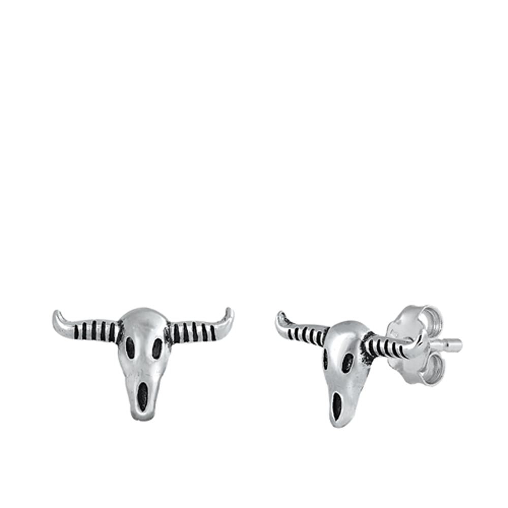 Sterling Silver Longhorn Stud Earrings Oxidized Dainty Bull Head 925 New