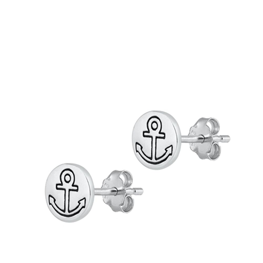 Sterling Silver Nautical Anchor Stud Oxidized Hand Stamped Earrings 925 New