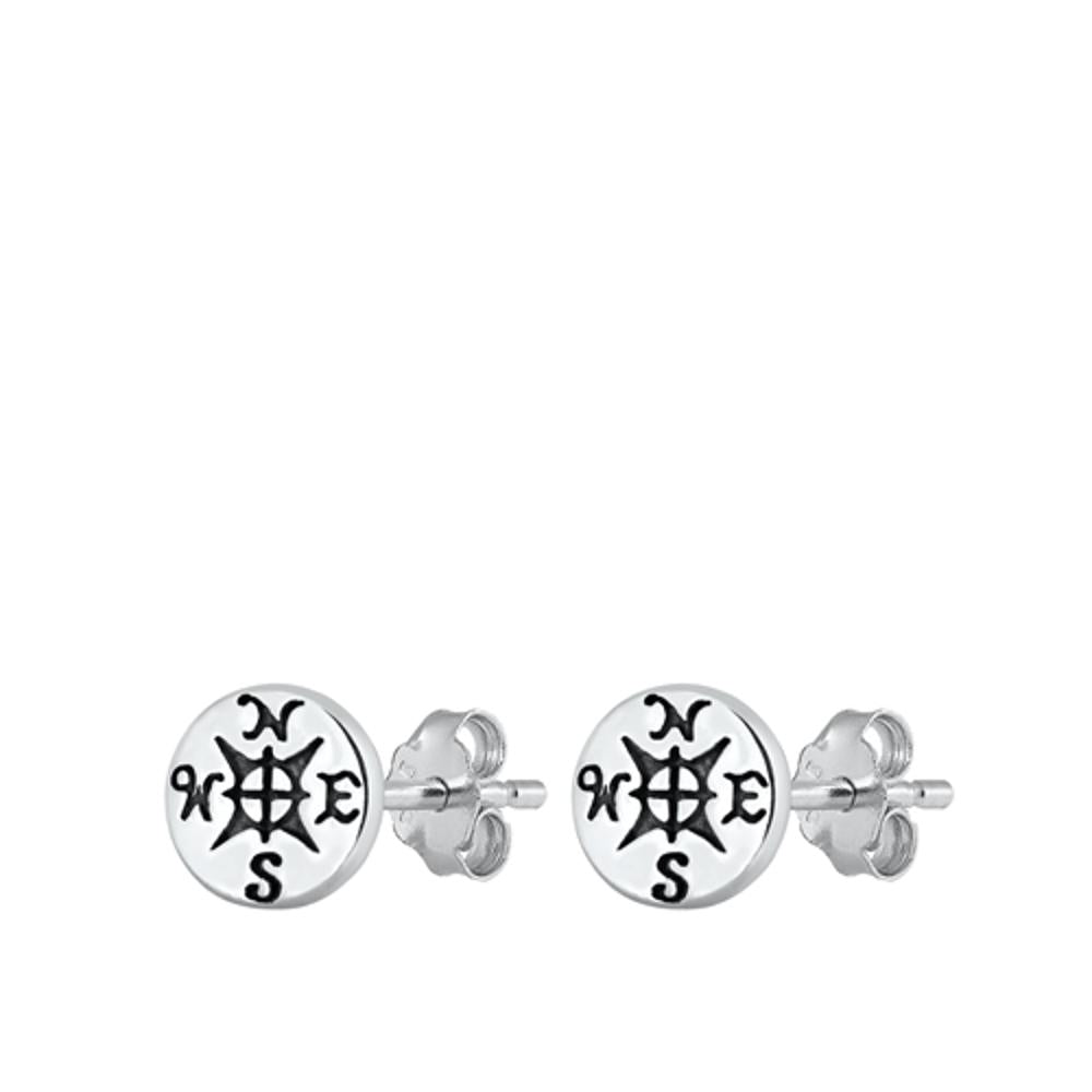 Sterling Silver Hammered Mini Compass Oxidized Stud Earrings 925 New