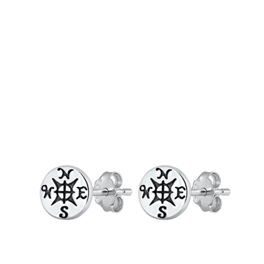 Sterling Silver Hammered Mini Compass Oxidized Stud Earrings 925 New