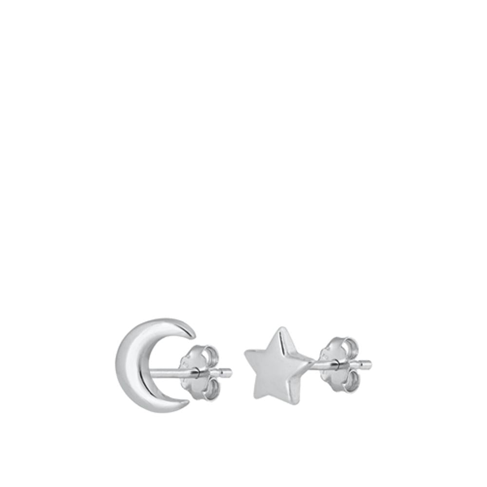Sterling Silver Cute Moon And Star Mismatch Stud High Polished Earrings 925 New