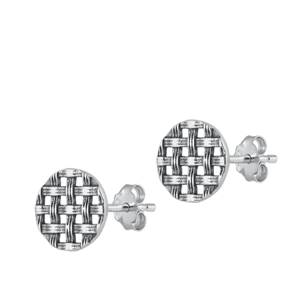 Sterling Silver Round Basket Weave Stud Cross Pattern Oxidized Earrings New 925