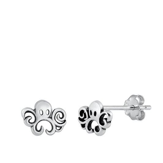 Sterling Silver Stud Earrings Octopus Oxidized High Polished 925 New