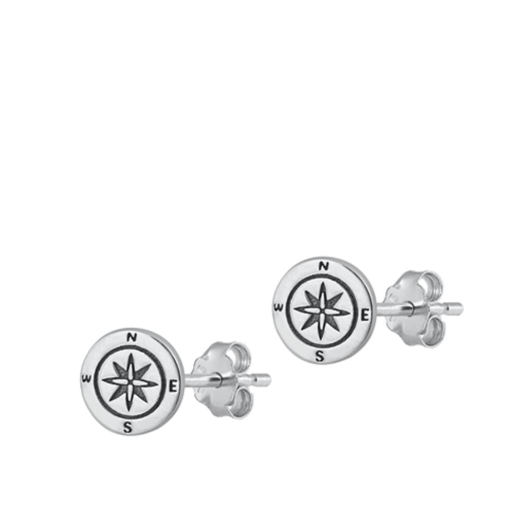 Sterling Silver Wholesale Oxidized Cute Mini Compass Stud Earrings 925 New