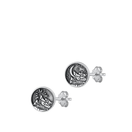 Sterling Silver Oxidized Mountain And Moon Stud Nature Camping Earrings 925 New