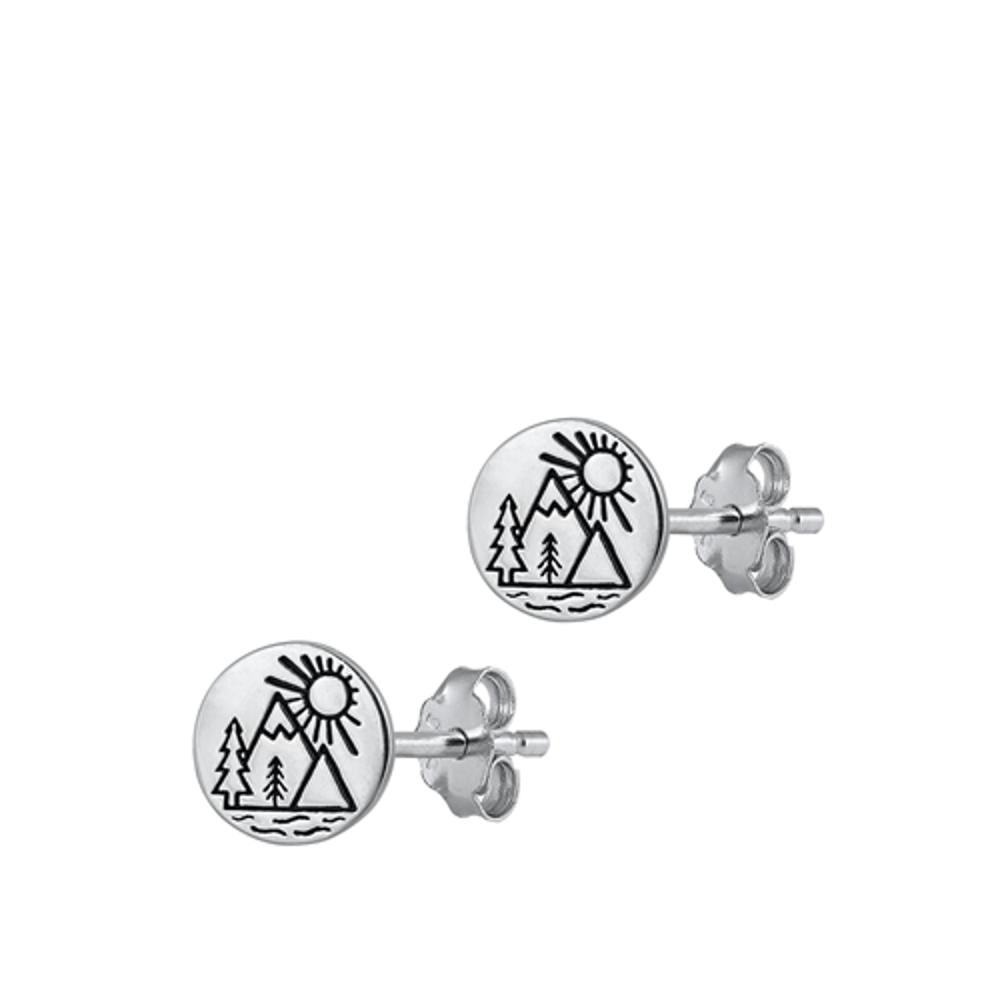 Sterling Silver Unique Forest Mountain Nature Camping Stud Earrings 925 New