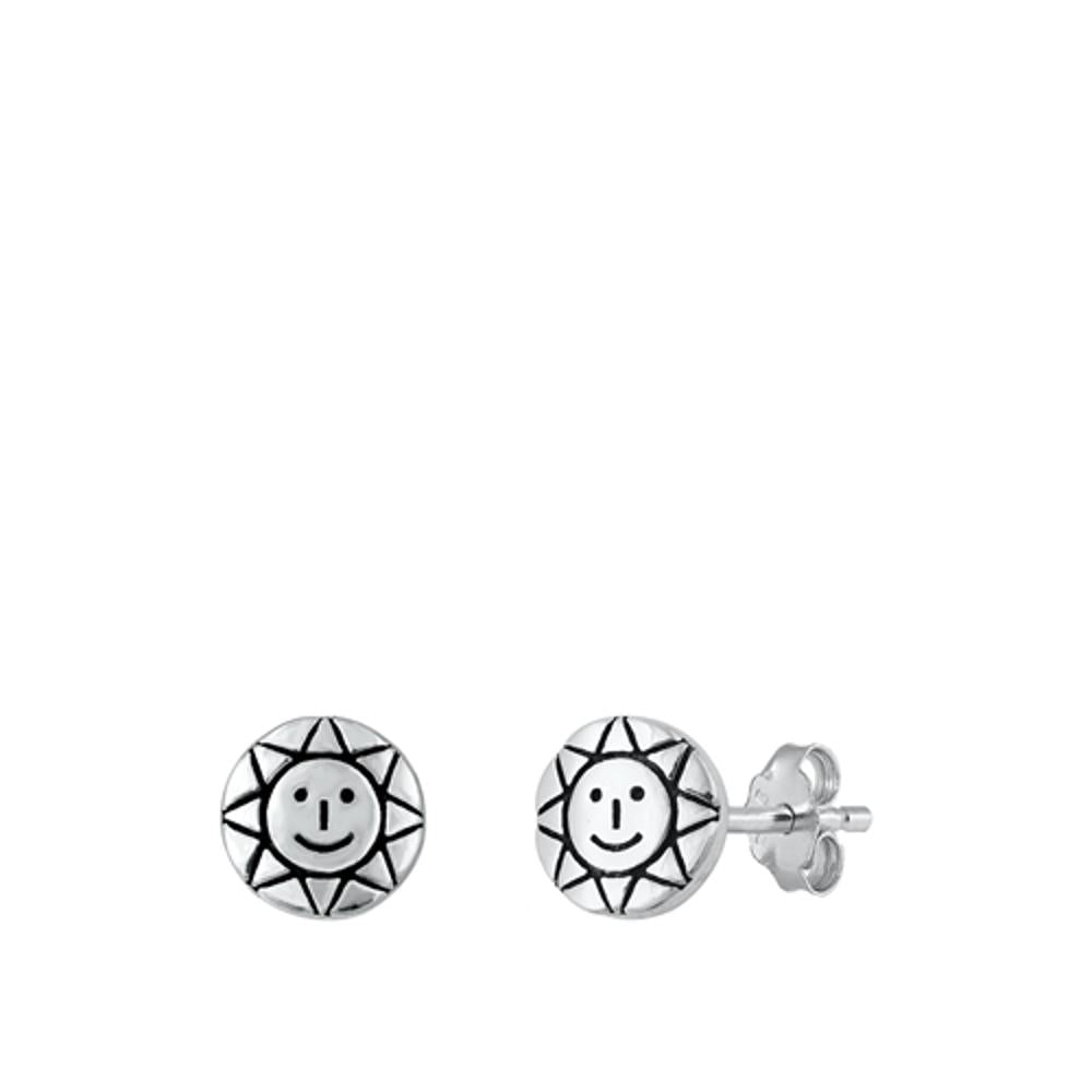 Sterling Silver Polished Cute Oxidized Happy Face Sun Earrings 925 New