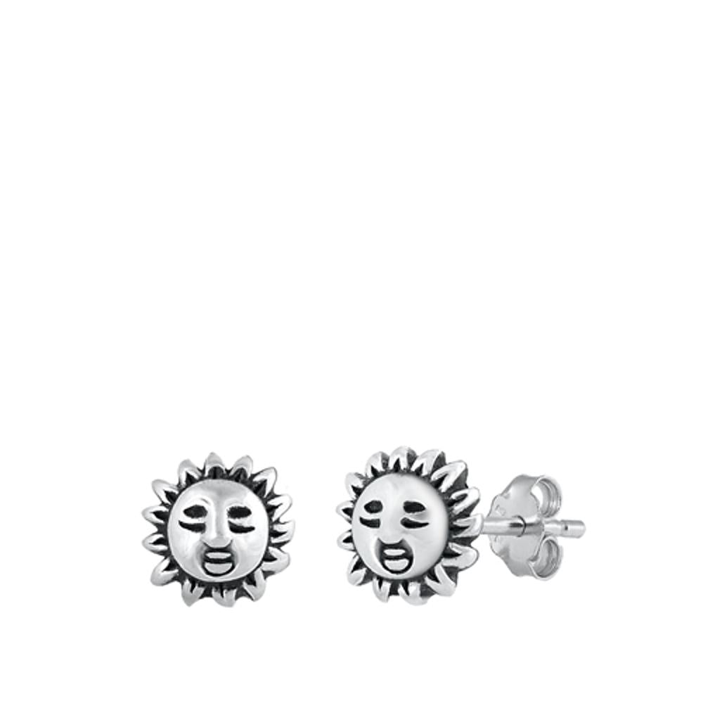Sterling Silver Unique High Polished Oxidized Sun Stud Earrings 925 New