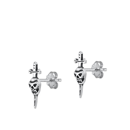 Sterling Silver Classic Creepy Skull Dagger Oxidized High Polished Earrings 925