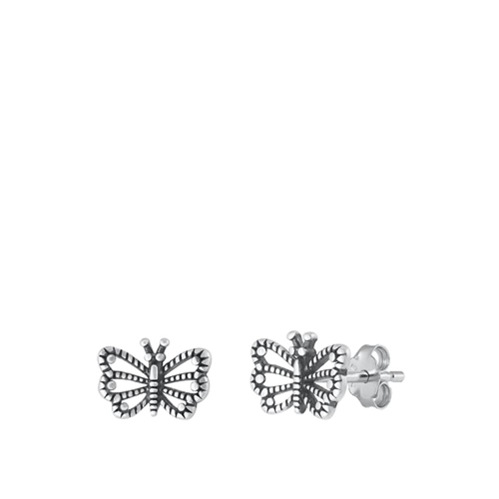 Sterling Silver Classic Granulated Oxidized Bali Butterfly Animal Earrings 925
