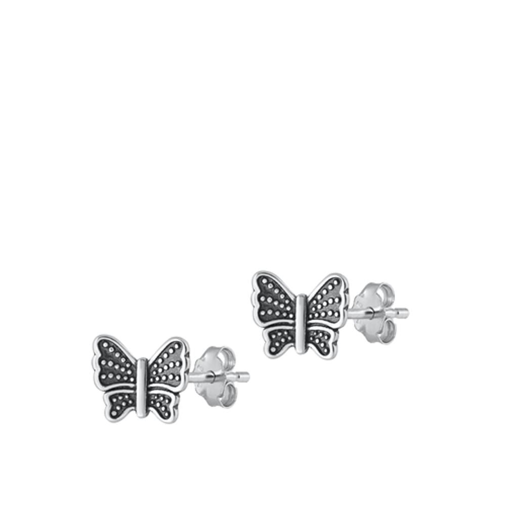 Sterling Silver Cute Oxidized Granulated Butterfly High Polished Earrings 925