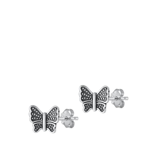 Sterling Silver Cute Oxidized Granulated Butterfly High Polished Earrings 925