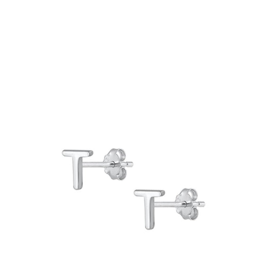Sterling Silver High Polished Initial T Stud Letter Earrings 925 New