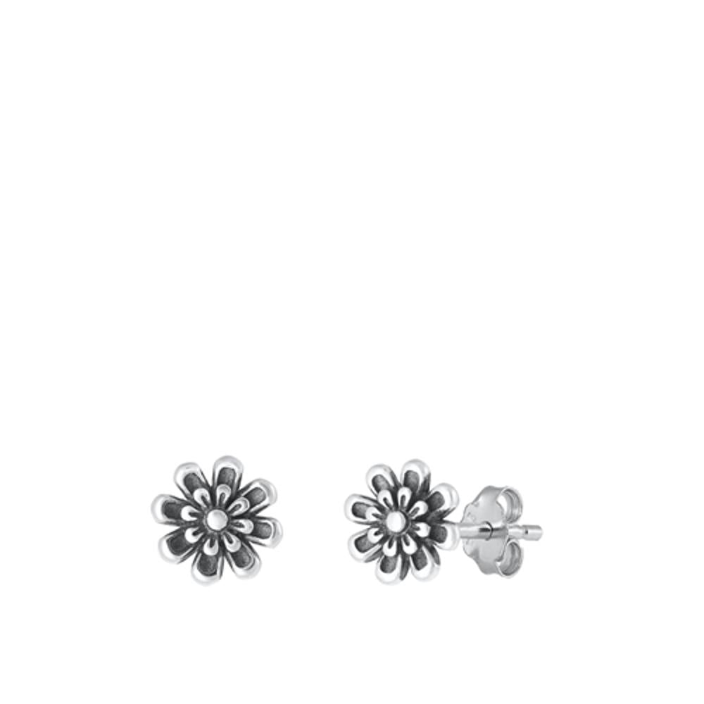 Oxidized Sterling Silver Flower Garden Stud High Polished Earrings 925 New