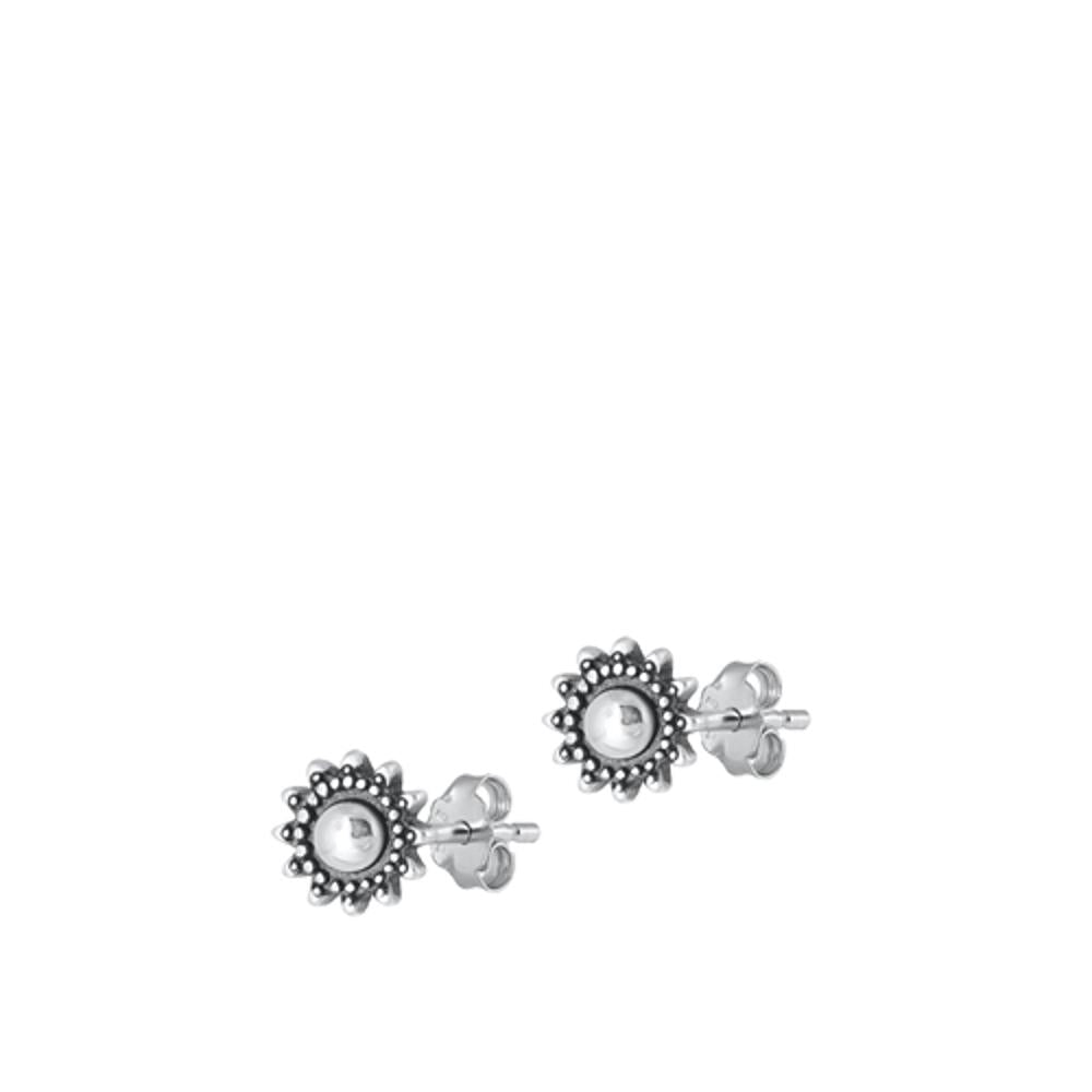 Sterling Silver Classic Oxidized Bali Style Sun Flower High Polished Earrings