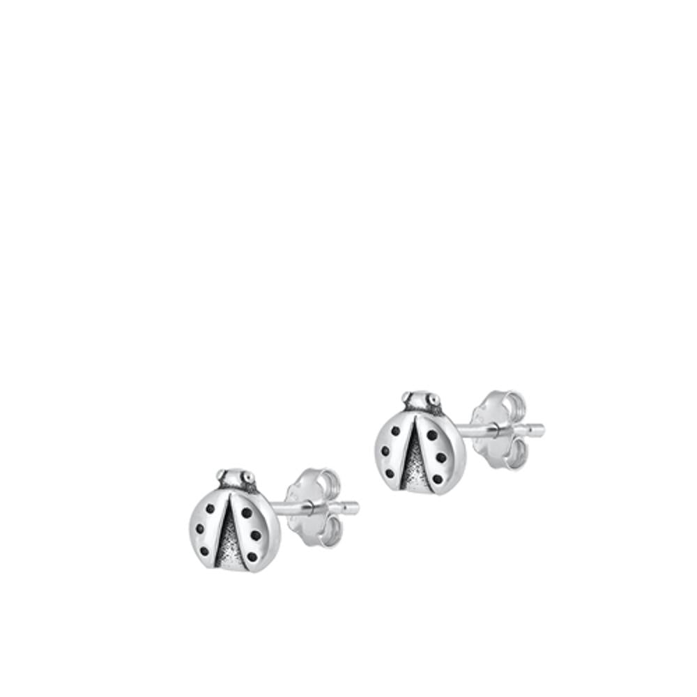 Sterling Silver Classic Ladybug Beetle Oxidized High Polished Earrings .925 New