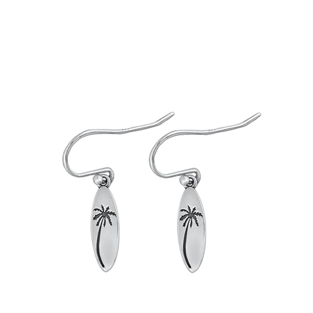 Sterling Silver Cute Palm Tree Surfboard High Polished Beach Earrings .925 New