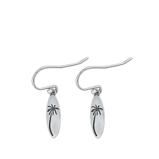 Sterling Silver Cute Palm Tree Surfboard High Polished Beach Earrings .925 New