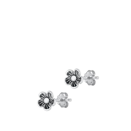 Sterling Silver High Polished Oxidized Stud Flower Earrings .925 New