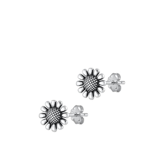 Sterling Silver Wholesale Oxidized Sunflower Stud High Polished Earrings .925
