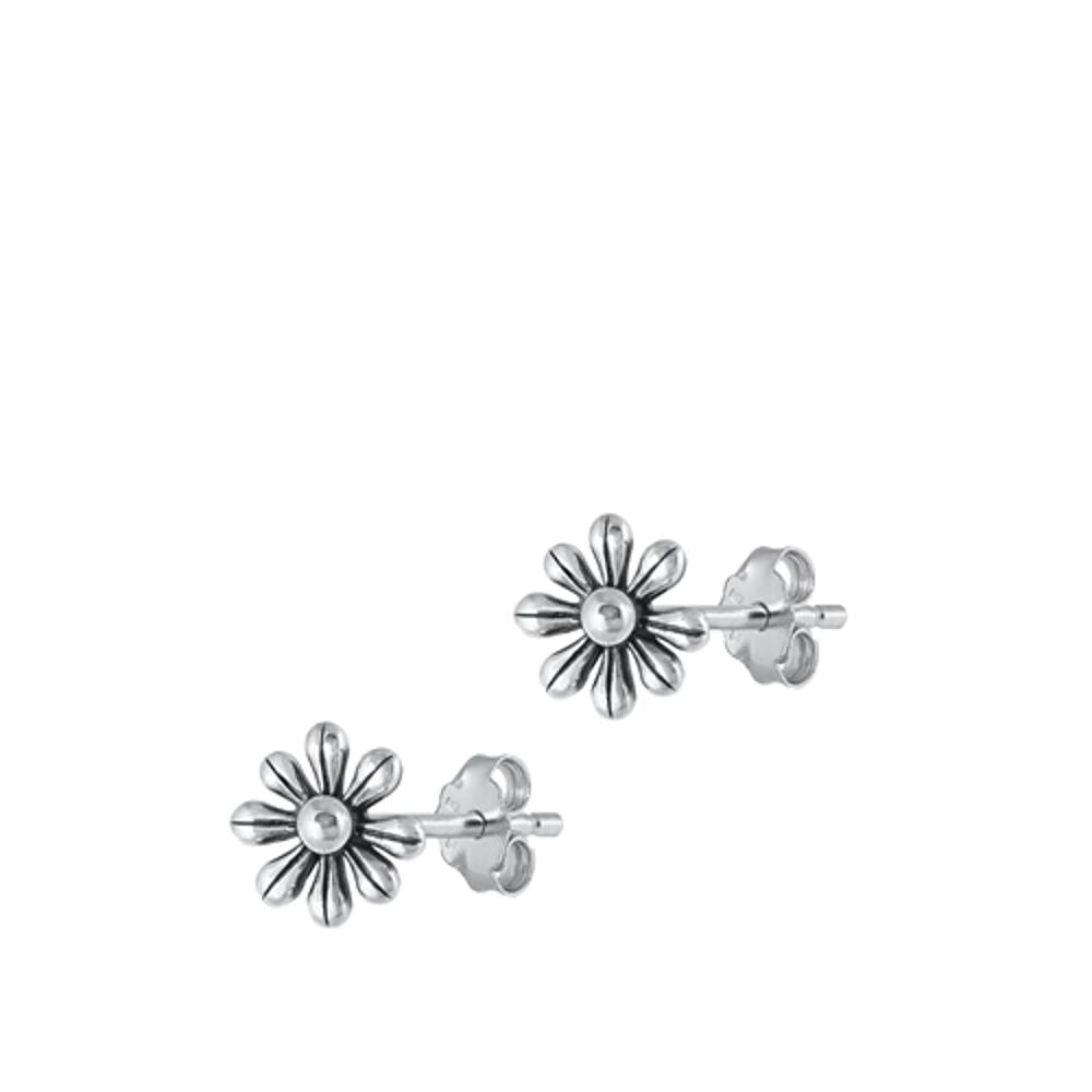 Sterling Silver High Polished Oxidized Classic Flower Stud Earrings .925 New