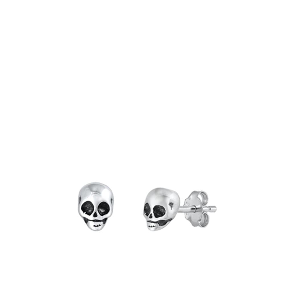 Sterling Silver High Polished Oxidized Skull Stud Earrings .925 New