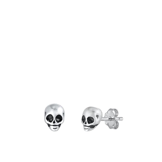 Sterling Silver High Polished Oxidized Skull Stud Earrings .925 New