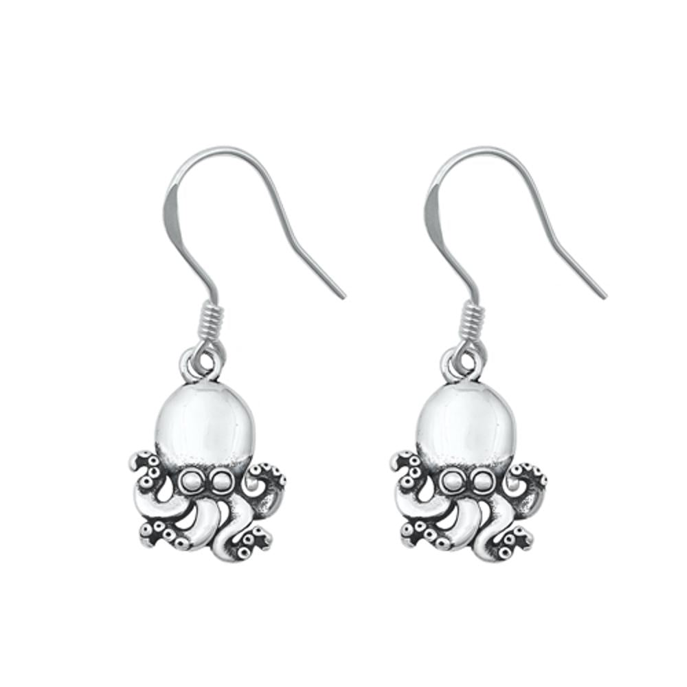 Sterling Silver Oxidized Octopus Hanging Hook Ocean Nautical Earrings .925