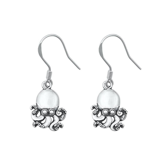 Sterling Silver Oxidized Octopus Hanging Hook Ocean Nautical Earrings .925